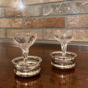 Pair Small Antique Old Sheffield Plate Glass Wine Coasters