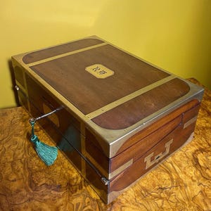 Super Quality English Victorian Antique Mahogany Brass Bound Campaign Writing Desk Slope With Secret Drawers circa 1850