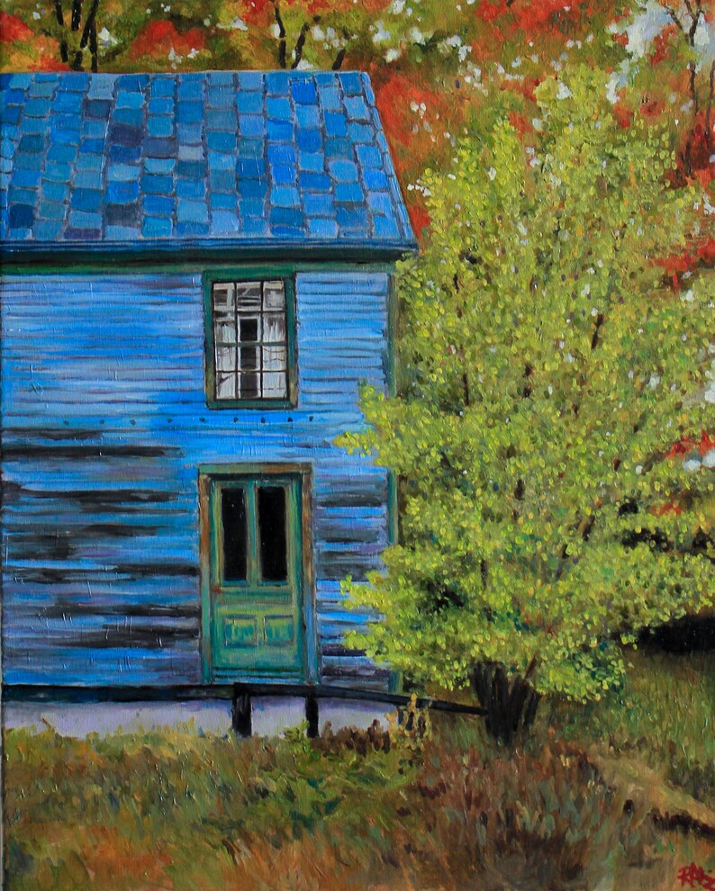 The blue house oil painting old house blue house fall Etsy