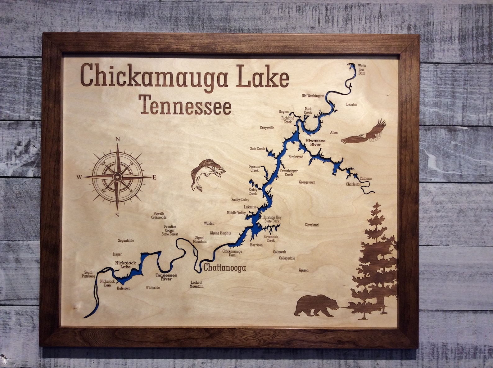 Chickamauga Lake Tennessee. Laser engraved wooden lake map.  Etsy