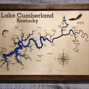 Lake Cumberland, Kentucky, wooden, laser cut and engraved lake map.