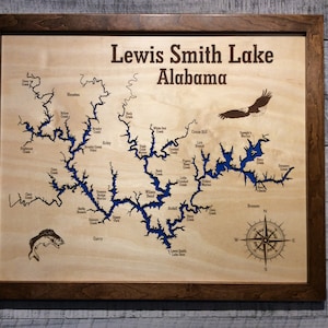 Lewis Smith Lake, Alabama, laser engraved and cut wooden lake map.