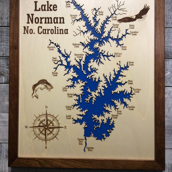 Lake Norman, North Carolina. Laser engraved and cut wooden lake map.