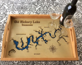 Serving tray, wooden, Old Hickory Lake, lake map under glass, rectangular, with handles
