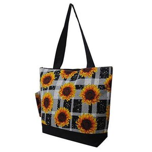Super Cute Buffalo Plaid Sunflower Print Canvas Tote -Monogram Included