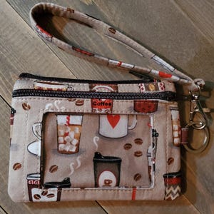 Super Cute Expresso Coffee Wristlet Lanyard ID/Badge Wallet w/Keyring ID Wallet w/Wristlet