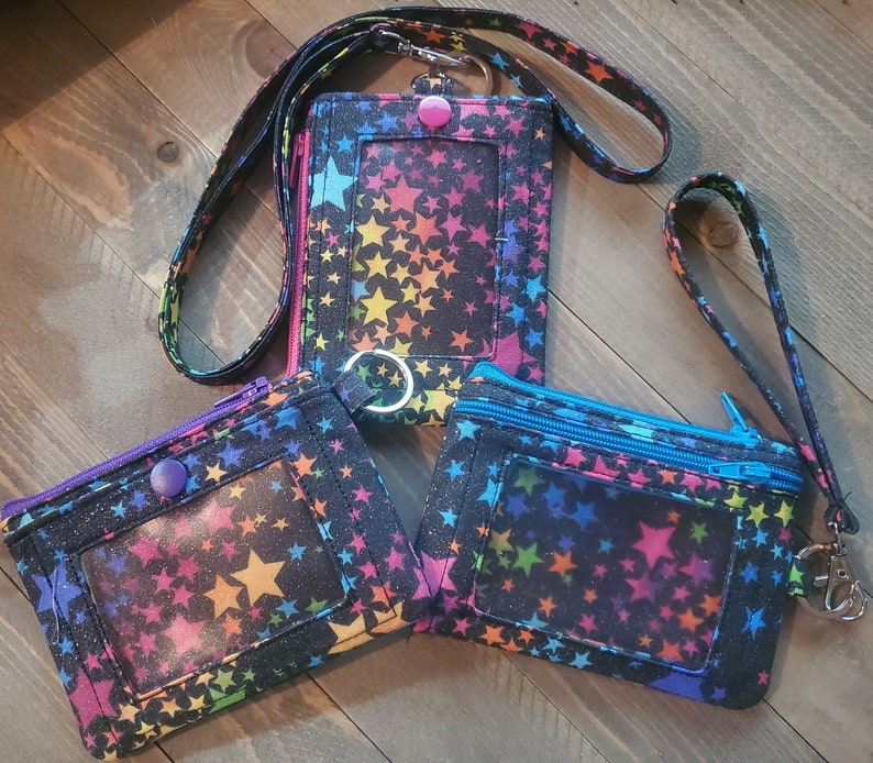 Star Rings Wallet Chain Super Cute Multicolor Glittery Stars Print ID & Coin Wallet Key Chain ...