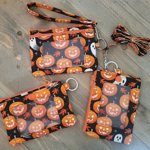 Monedero, llavero y cordón para la muñeca con estampado de calabaza y fantasma de Halloween súper lindo