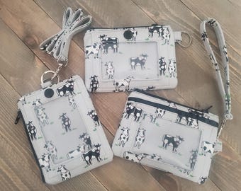 Super Cute Gray MooMoo Cow Print ID Wallet Key Chain Wristlet/Lanyard