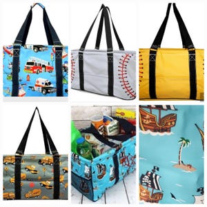 May include: Six different tote bags with various colorful designs. The designs include a blue bag with a fire truck, a gray bag with a baseball, a yellow bag with a baseball, a gray bag with construction vehicles, a blue bag with a pirate ship, and a blue bag with a pirate ship.