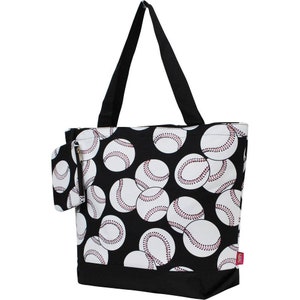 May include: Black tote bag with a white baseball print. The bag has a zippered pouch attached to the front.