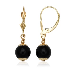 14k Solid Yellow Gold Genuine Black Onyx Ball Leverback Earrings. 6mm Black Onyx Earrings. Leverback Earrings. Dangle Earrings