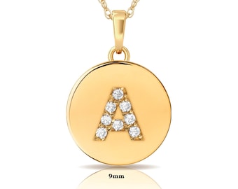 14K Pure Solid Yellow Gold 9mm Letters Pendant with CZ. Disc Pendant. 14k Pendant. 14k charm. Initial Pendant. Disc Initial Pendant. 217p123