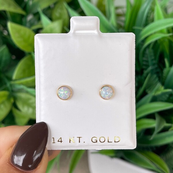 14K Solid Gold Bezel Set White Opal Studs • Screwback Solid Gold Studs •  Fiery Opal Earrings • Dainty Stud Earrings • Sold As A Pair