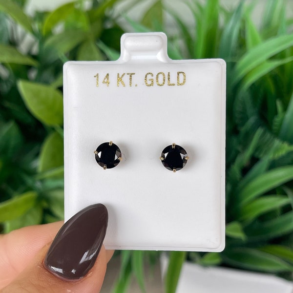 14K Solid Gold 4 Prong Basket Set With Black Round-Cut Cubic Studs | Black Earrings | Minimalist Studs