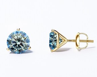 14K Gold Ocean Blue Moissanite Studs | Martini 3-Prong Earrings