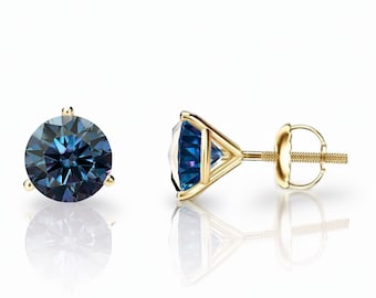 14K Solid Gold Dark Blue Moissanite Martini Stud Earrings