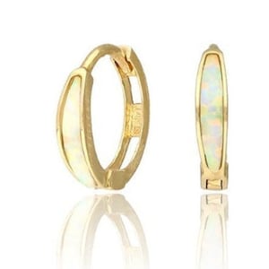 14K Pure Solid Gold Opal Huggie Earrings - Cute Huggie Earrings-Opal Gemstone- Gold Opal Hoops 2.5 x10mm