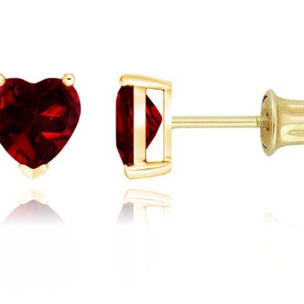 14K Solid Gold Heart Shaped Birthstone Earrings| Screw back Heart Studs | Gold Heart Studs | Garnet | Ruby | Sapphire | Emerald|
