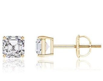 14K Solid Gold Asscher Cut Solitaire 4 Prong Heavy Basket Setting Studs • Solitaire Asscher Screwback Earrings