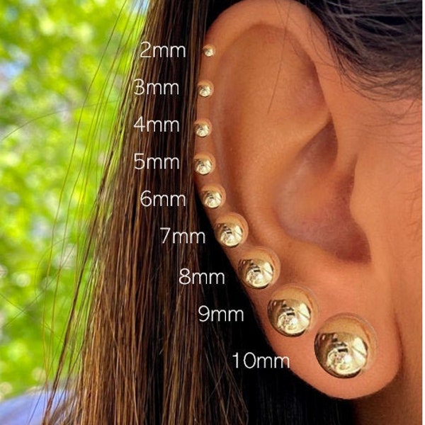 Bola de oro amarillo de 14K Push Back Studs- Pequeño pendiente Stud- Dainty Ball Stud- Pendientes de segundo agujero- Gold Ball Stud -Disponible en 2 mm-10 mm