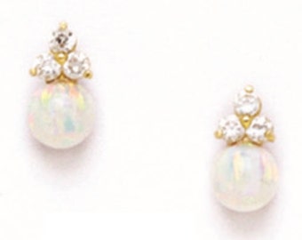 14K Solid Gold Fancy Opal Set With CZ SCREW BACK Stud Earrings. White Opal.   6MM P54S241