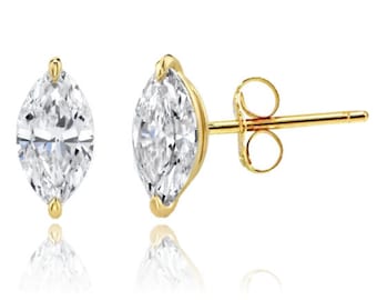 14K Solid Gold Classy Marquise Pushbacks Studs | Gold Marquise Solitaire Earrings | Gold Marquise Studs | Free Shipping