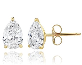 14K Solid Gold Classy Pear Cut Pushbacks Studs | Gold Pear Solitaire Earrings | Gold Tear Drop| Free Shipping