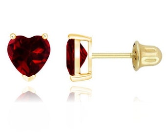 14K Gold Heart Birthstone Stud Earrings: Secured Screw Back
