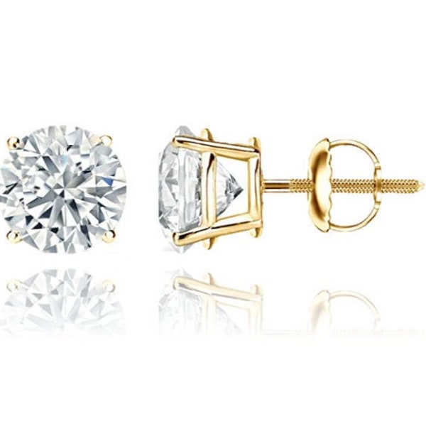 14K Solid Gold CZ Round Cut Solitaire 4 Prong Heavy Basket Setting Studs | Round Cut Screwback Martini| .11ct | .25ct |.50ct | .84ct | 1.3ct