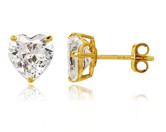 14K Solid Gold Classy Heart Cut Pushbacks Studs | Gold Heart Solitaire Earrings | 14K Gold 3 Prong Heart CZ Studs | Free Shipping