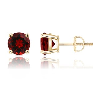 14K Solid Gold Garnet Round Cut Solitaire 4 Prong Heavy Basket Setting Studs | Garnet Screwback Earrings