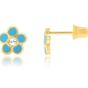 14K Solid Gold Enamel Flower Studs Set With CZ | 5mm Screwback Enamel Girls Studs | Girls Earrings | 14K Gold Kids Jewelry |