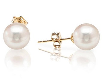14K Solid Gold Genuine Pearl Pushback Earrings- 14K Pearl Studs- Pearl Studs- 14K Cultured Pearl Studs- 3.5mm 4.5mm 5.5mm 6.5mm 7.5mm