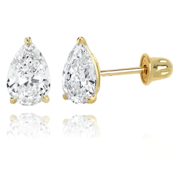 14K Solid Gold Classy Pear Cut Screwback Studs | Gold Pear Solitaire Earrings | Gold Pear CZ Studs | Free Shipping