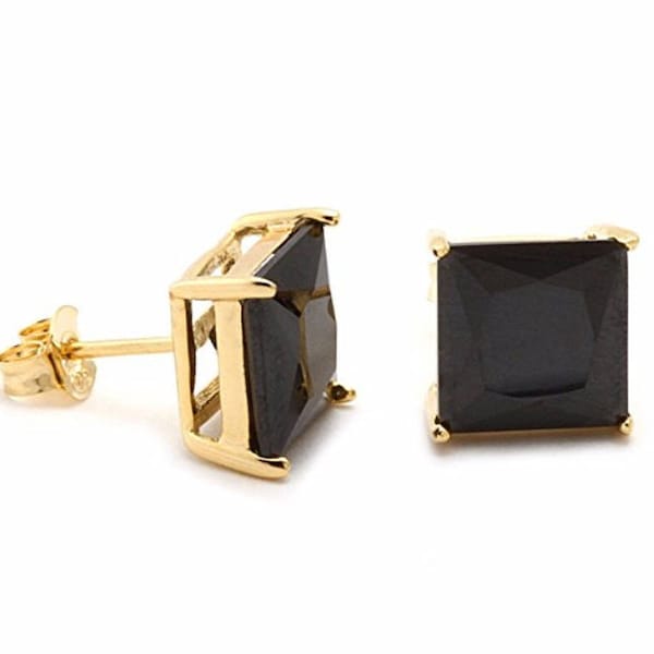 14K Pure Solid Yellow/White Gold,4 Prong Basket Set With Black Princess Cut Cubic Zirconia Push-Back Stud Earrings(Multiple Sizes Available)
