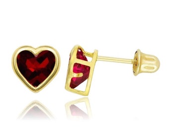 14K Solid Gold Heart Shaped Birthstone Earrings| Screw back Bezel Heart Studs | Gold Heart Studs | 3mm 4mm 5mm 6mm