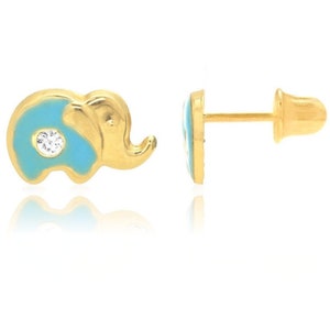 14K Solid Gold Enamel Elephant Studs| Screwback Enamel Girls Studs | Girls Earrings | 14K Gold Kids Jewelry | 6.5x10mm