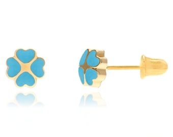 14K Solid Gold Enamel Heart Clover Studs| Screwback Enamel Girls Studs | Girls Earrings | 14K Gold Kids Jewelry | 4mm 5mm