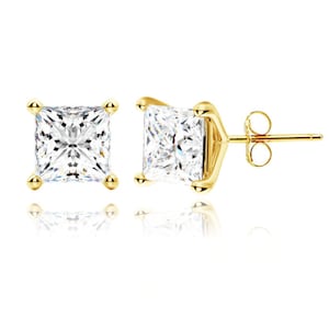 14K Solid Gold Princess Cut Pushbacks Studs | Gold Princess Solitaire Earrings | Gold Princess CZ Studs | Free Shipping 3mm 4mm 5mm 6mm 7mm