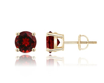 14K Solid Gold Garnet Round Cut Solitaire 4 Prong Heavy Basket Setting Studs | Garnet Screwback Earrings