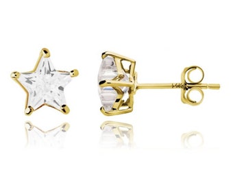 14K Solid Gold Classy Star Cut Pushbacks Studs | Gold Star Solitaire Earrings | 14K Gold 5 Prong Star CZ Studs | Free Shipping