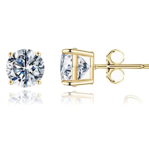 Moissanite 4 Prong Pushback Solitaire Stud Earrings | 14K Solid Gold 4 Prong Basket Round Cut Push Backs Moissanite Studs | DEF VS Clarity