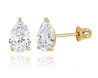 14K Solid Gold Classy Pear Cut Screwback Studs | Gold Pear Solitaire Earrings | Gold Pear CZ Studs | Free Shipping