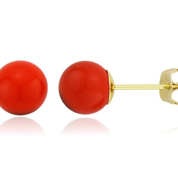 14K Solid Gold Orange Coral Ball Studs- Pushbacks- Orange Coral Sphere Ball Studs - Gold Ball Studs - 3mm- 4mm-5mm-6mm-7mm-8mm-9mm-10mm