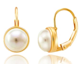 14K Solid Gold Bezel Leverback Set With White Genuine Freshwater Pearl - Genuine Pearl Pair Of Earrings- White Freshwater Pearl