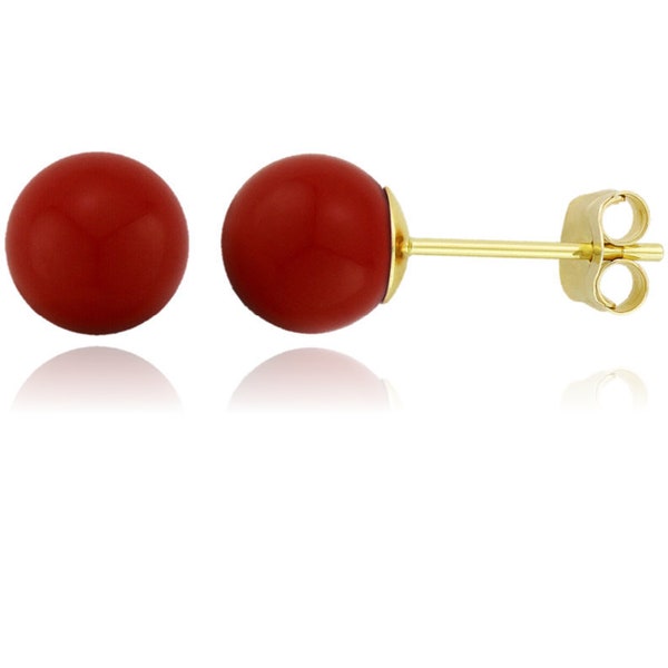 14K Solid Gold Red Coral Ball Studs- Pushbacks- Red Coral Sphere Ball Studs - Gold Ball Studs - 3mm- 4mm-5mm-6mm-7mm-8mm-9mm-10mm