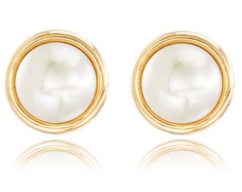 14K Solid Gold Bezel Pair Of Earrings Set With Genuine Pearl - Screwbacks 8mm White Genuine Pearl Earrings- 14K Gold Pearl Studs