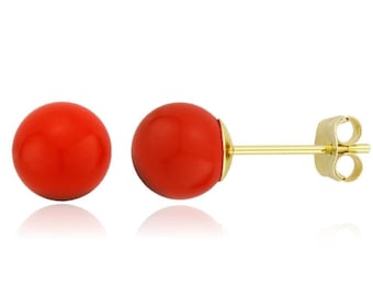 14K Solid Gold Orange Coral Ball Studs- Pushbacks- Orange Coral Sphere Ball Studs - Gold Ball Studs - 3mm- 4mm-5mm-6mm-7mm-8mm-9mm-10mm