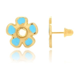 14K Solid Gold Enamel Flower Studs| Screwback Enamel Girls Studs | Girls Earrings | 14K Gold Kids Jewelry